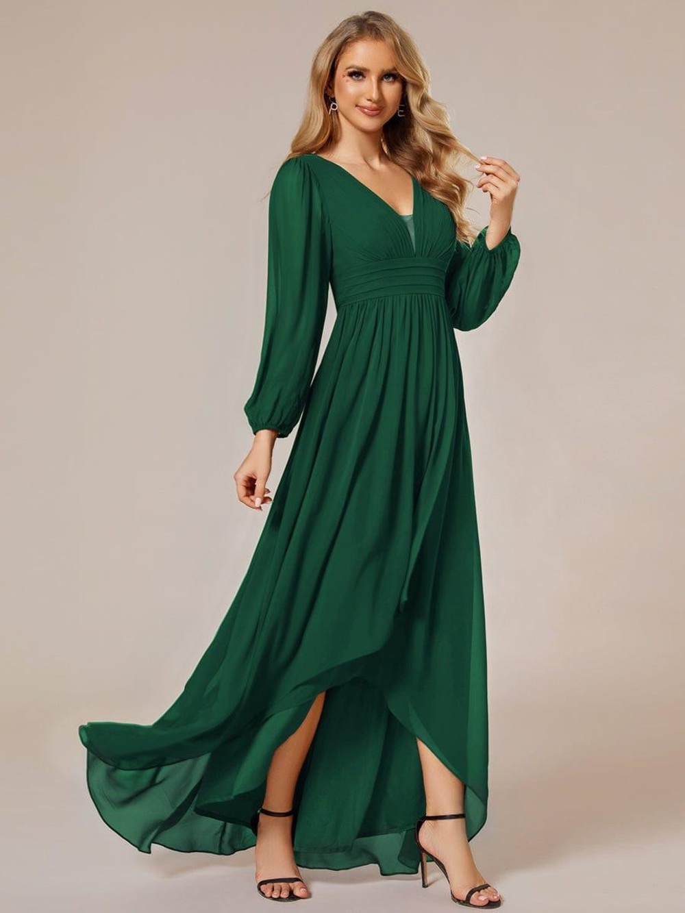 A-Line Pleated See-Through Long Lantern Midi Chiffon Dress - Large
